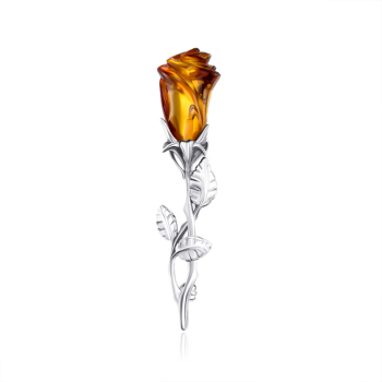 Срібна брошка «Троянда» з бурштином. Артикул RdP204C BR-SH/12/2787