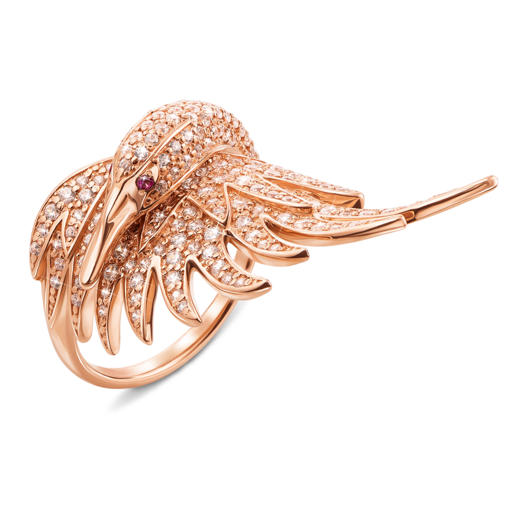 Золотое кольцо «Лебедь» с фианитами. Артикул 13116