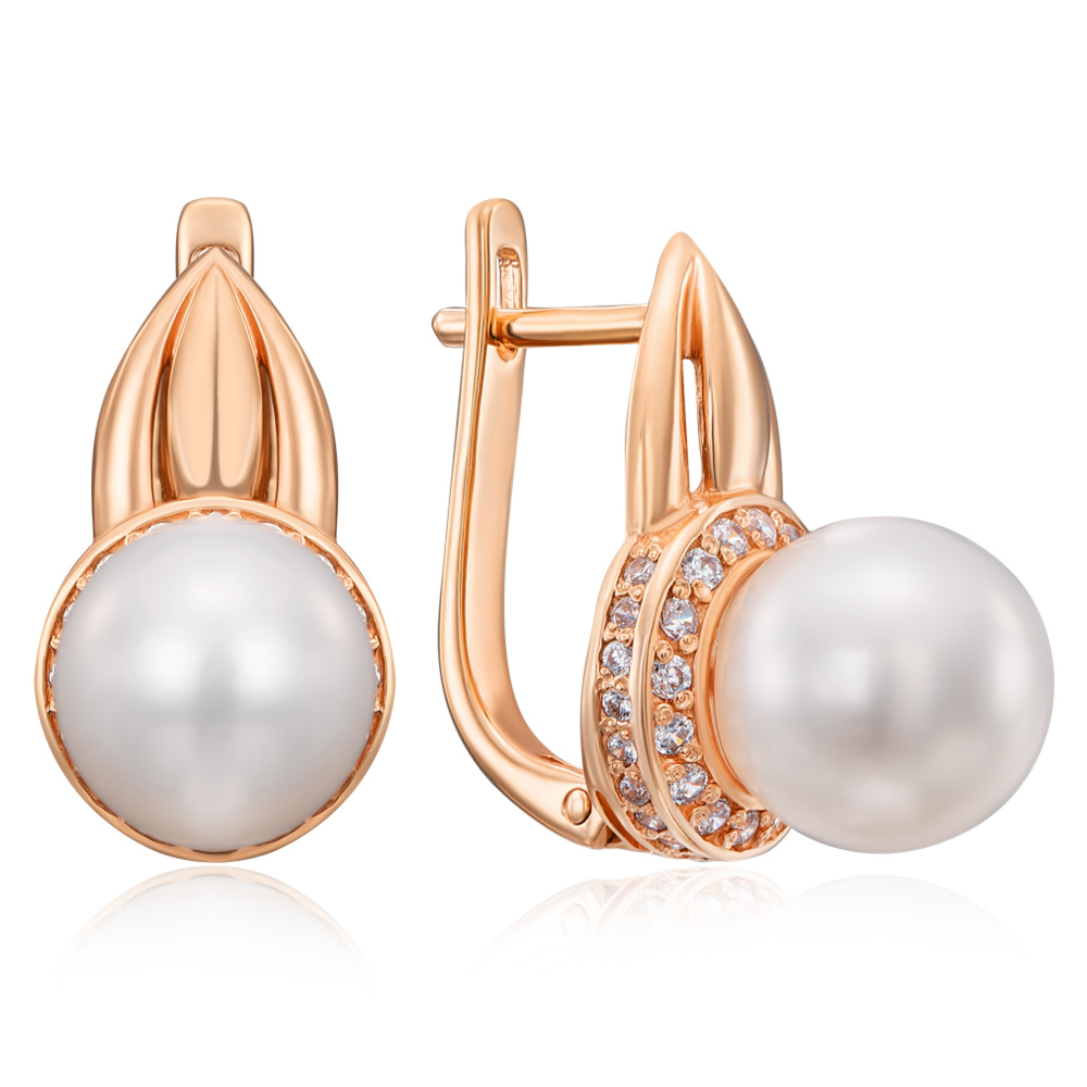 Золоті сережки з перлами і фіанітами. Артикул 21316 к