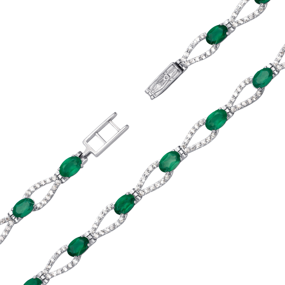 Срібний браслет з зеленим агатом та фіанітами. Артикул 4108р