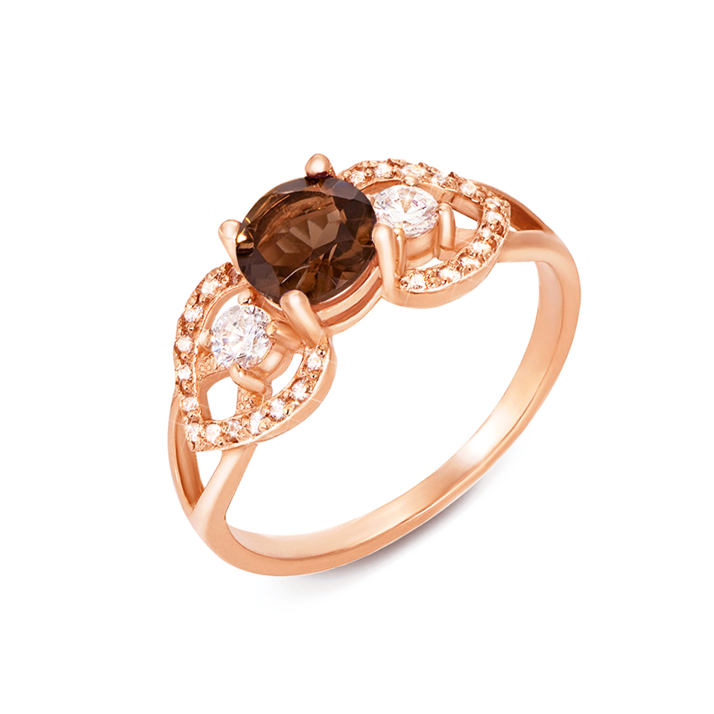 Золотое кольцо с раухтопазом и фианитами. Артикул 530065/раух с