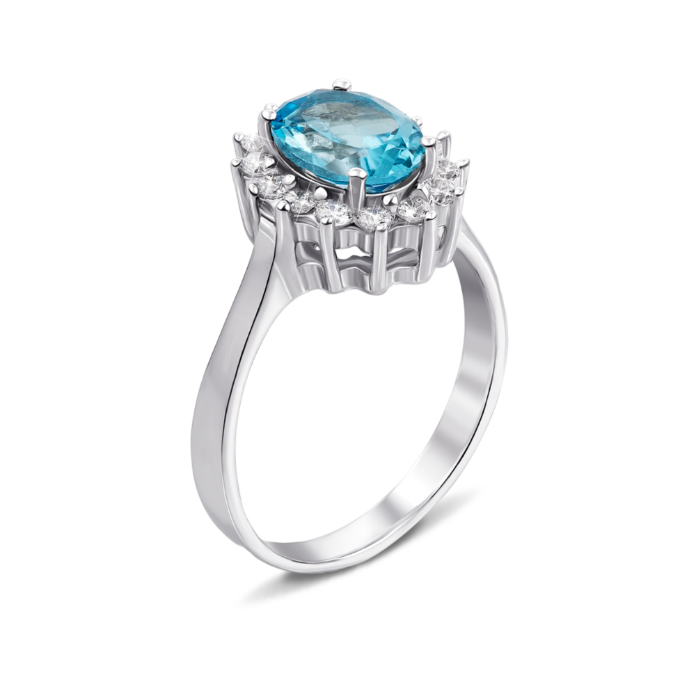 Серебряное кольцо с голубым топазом и фианитами. Артикул Тд0004/топsw-R