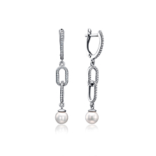 Срібні сережки-підвіски з перлами та фіанітами. Артикул 41271/12/1/2011