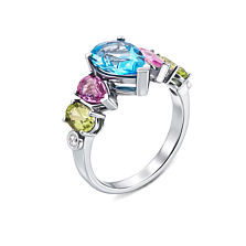 Золотое кольцо с топазом, бриллиантами, розовыми сапфирами и хризолитами. Артикул 52462/2б сап