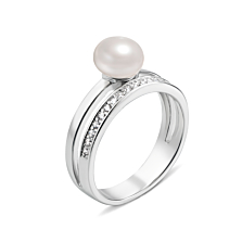 Серебряное кольцо с жемчугом и фианитами. Артикул PRS1868-R