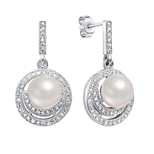 Срібні сережки-підвіски з перлами і фіанітами. Артикул PSS0339-E